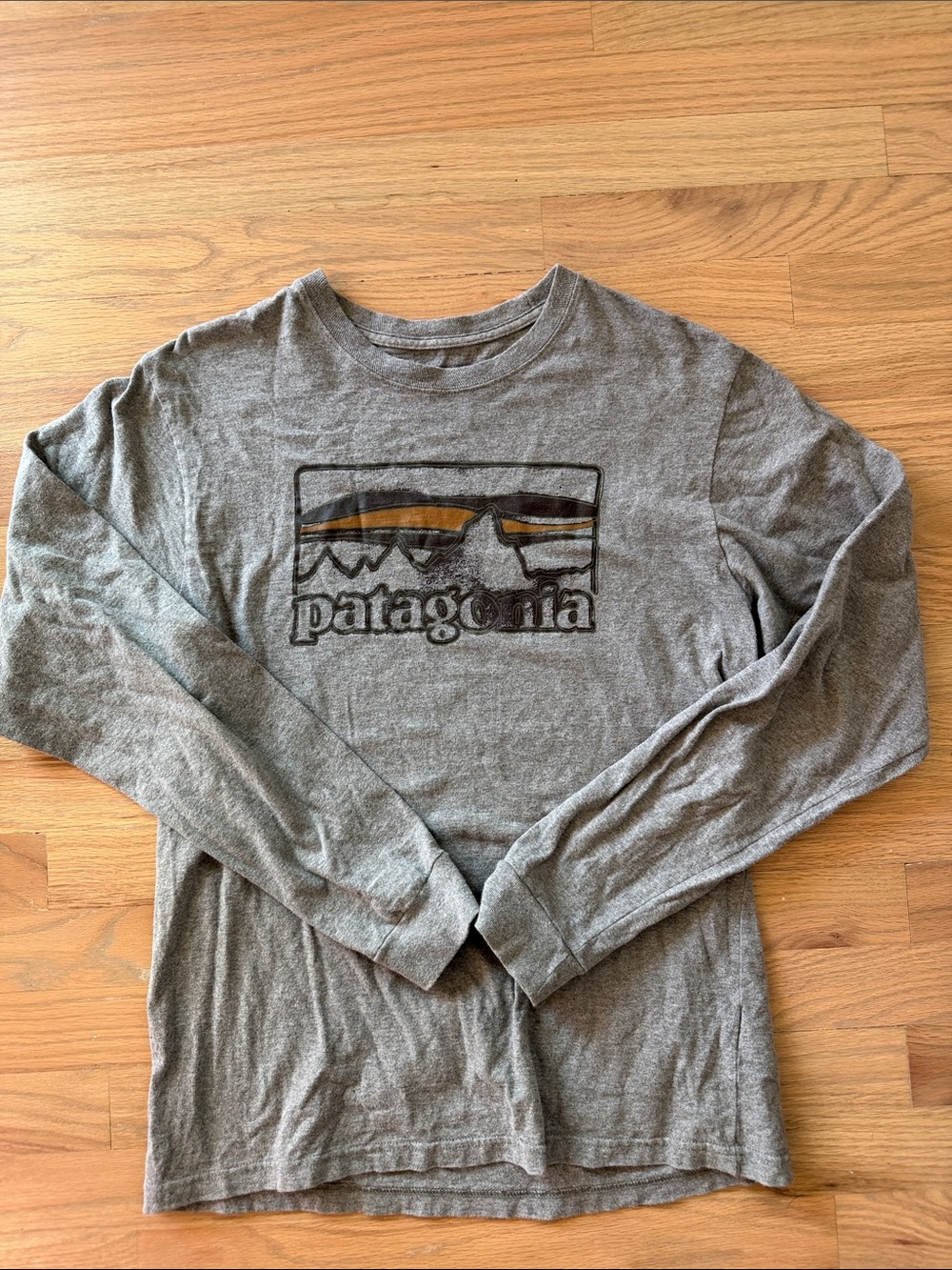 Patagonia Gray Long-Sleeve Logo Shirt with Mustard Accent